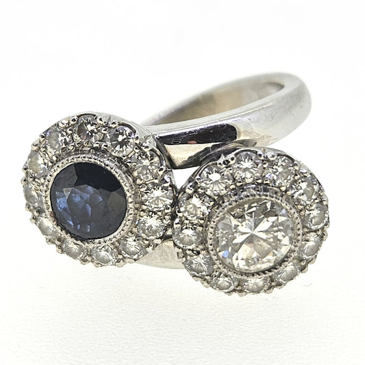 Vintage Sapphire and Old Cut Diamond Toi et Moi Cluster Crossover Ring in Platinum