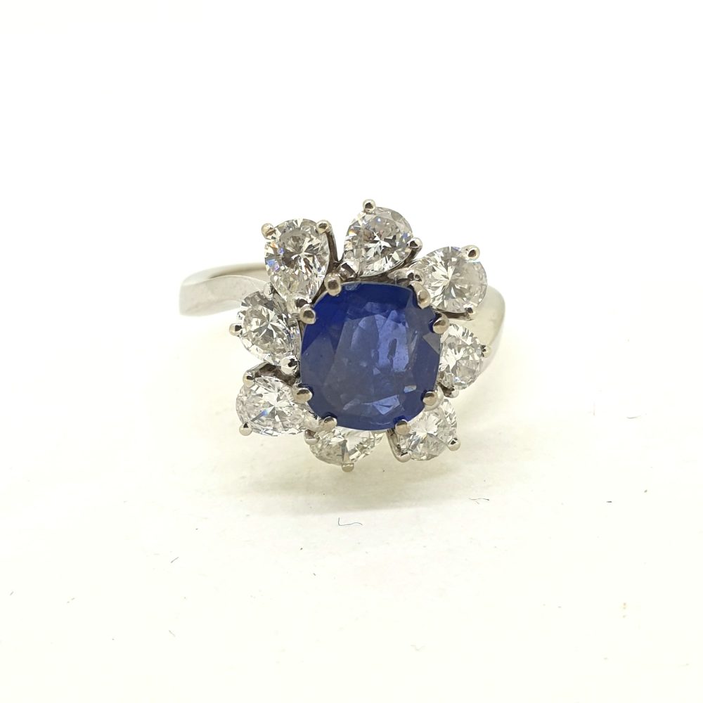 Certified 2ct Natural No Heat Sapphire and 3ct Pear Diamond Cluster Dress Ring