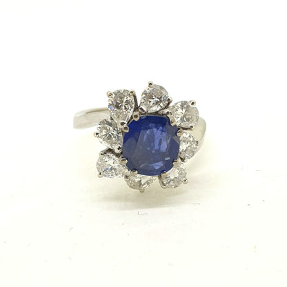 Certified 2ct Natural No Heat Sapphire and 3ct Pear Diamond Cluster Dress Ring