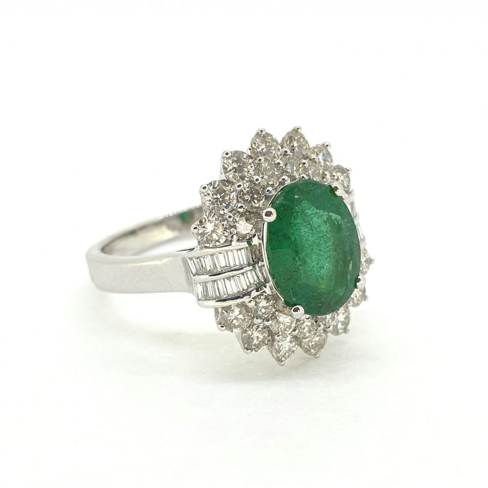 Oval Emerald and Diamond Double Cluster Ring 18ct White Gold