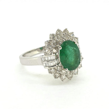 Oval Emerald and Diamond Double Cluster Ring 18ct White Gold