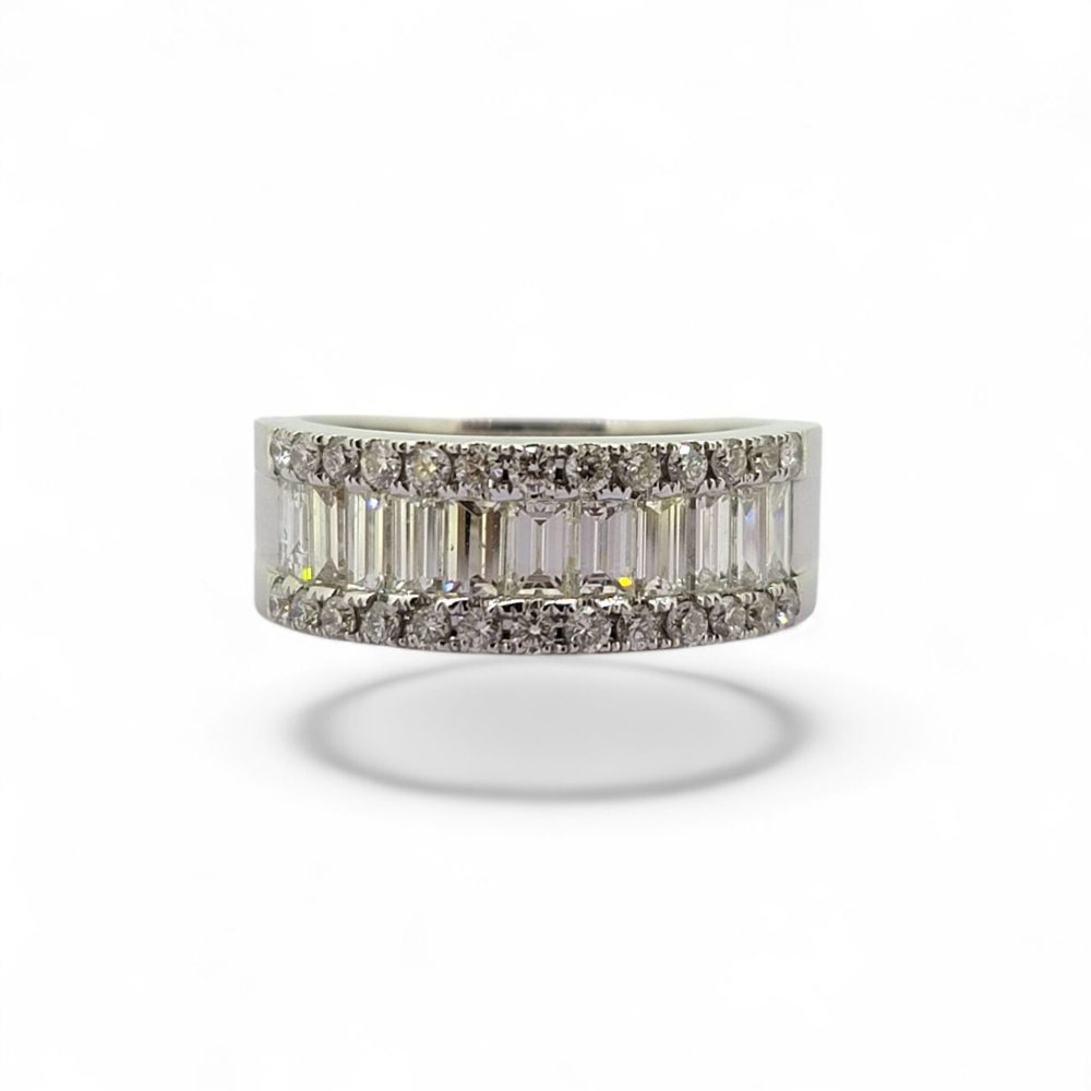 Baguette and Brilliant Diamond Set Band Ring in 18ct White Gold, central row of baguette-cut diamonds flanked top and bottom with round brilliant-cut diamonds in contemporary wide half eternity design