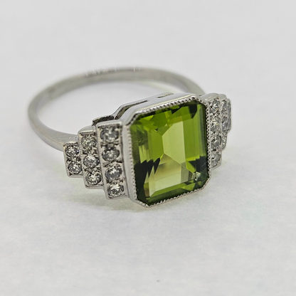 2.4ct Emerald Cut Peridot and Diamond Cluster Ring in Platinum