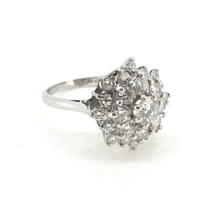 Vintage 1.50ct Diamond Sunburst Cluster Dress Ring in 18ct White Gold