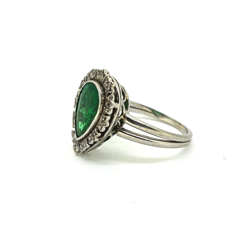 Vintage 1.60ct Colombian Emerald and Diamond Pear Shaped Cluster Ring, GCS certified natural Colombian emerald with moderate oil