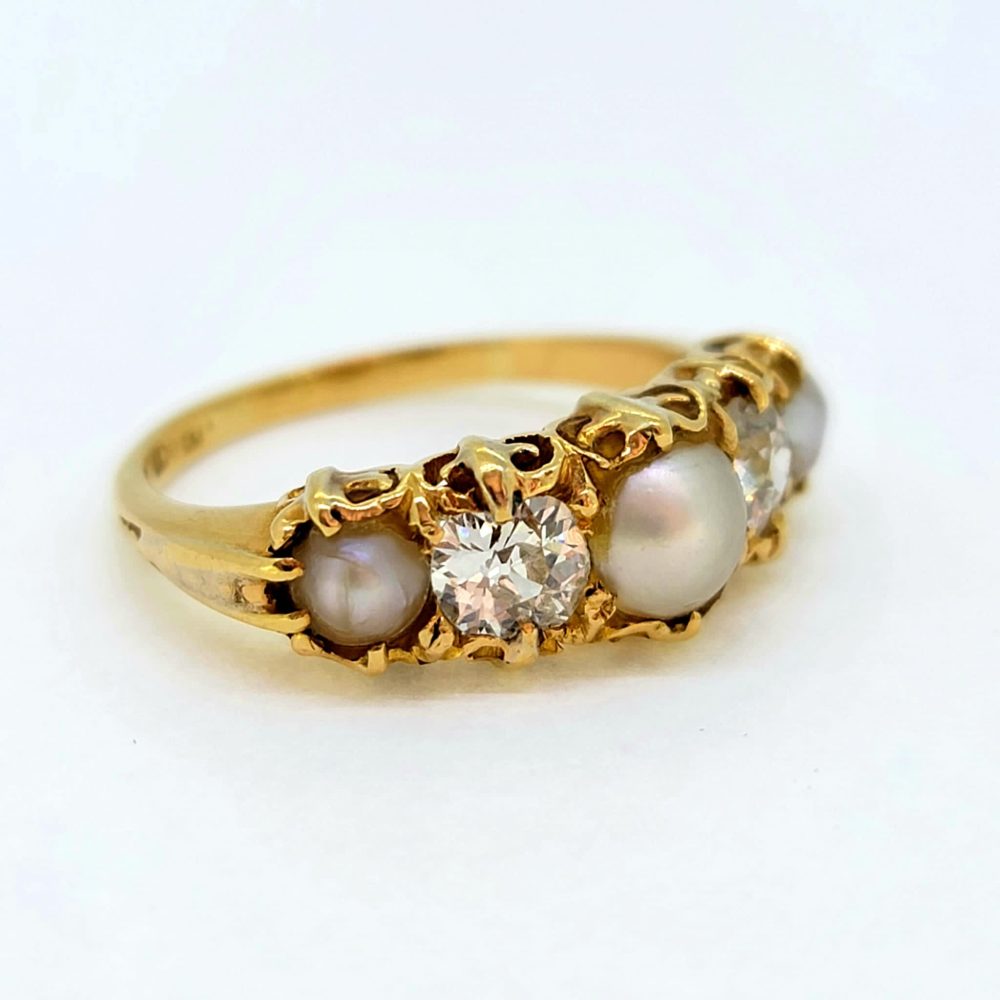 Victorian Antique Pearl and Old Cut Diamond Five Stone Ring in 18ct Yellow Gold