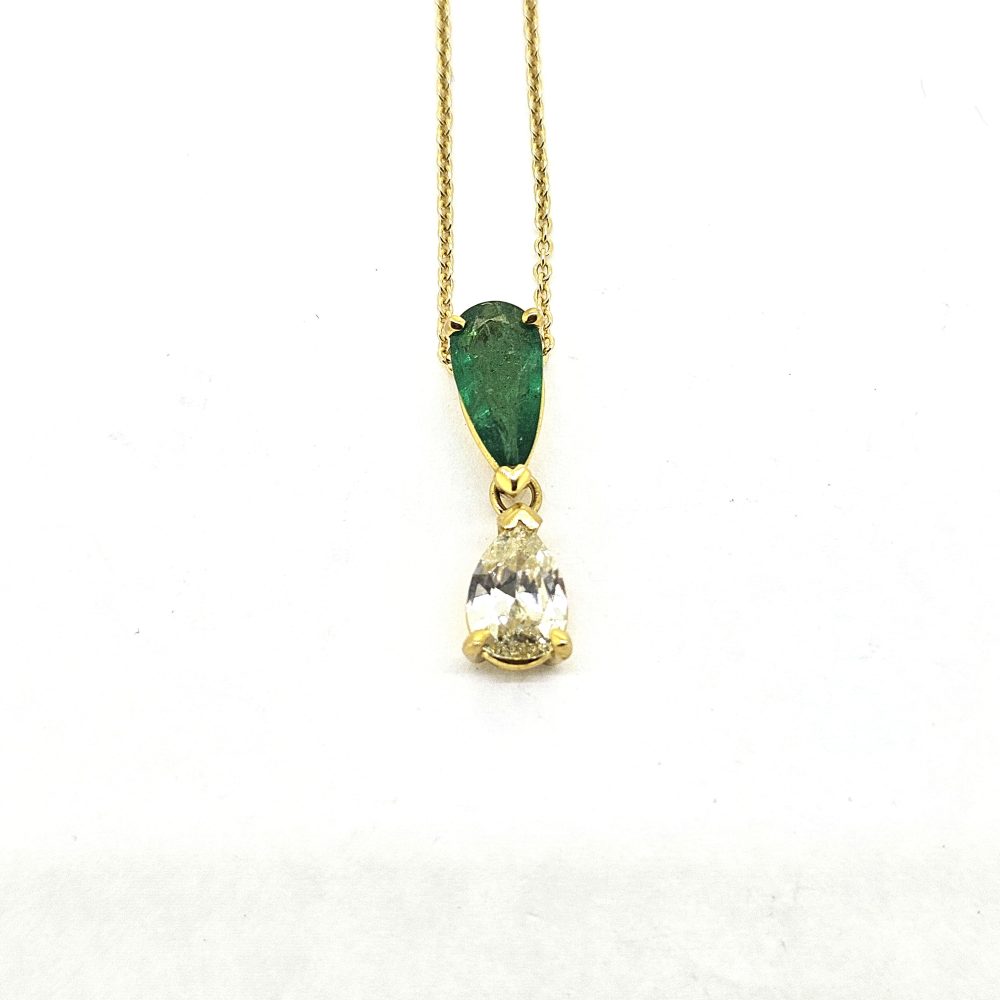 Pear Shaped Emerald and Diamond Two Stone Pendant with Chain