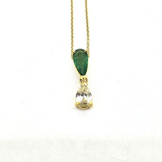 Pear Shaped Emerald and Diamond Two Stone Pendant with Chain