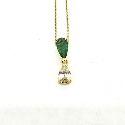 Pear Shaped Emerald and Diamond Two Stone Pendant with Chain