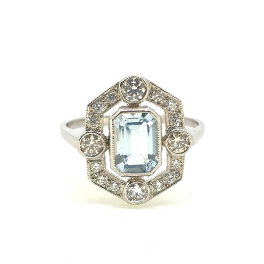 Contemporary 0.90ct Aquamarine and Diamond Halo Cluster Ring in Platinum