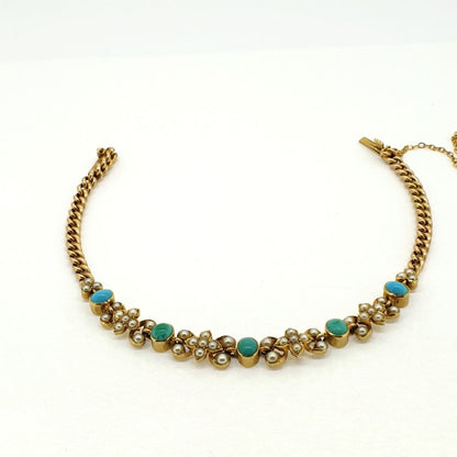 Antique Edwardian Turquoise and Pearl Bracelet in 15ct Yellow Gold