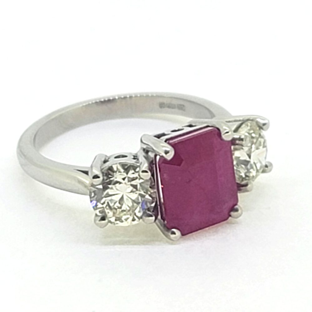 2.5ct Ruby and 1.4ct Diamond Trilogy Three Stone Engagement Ring in Platinum