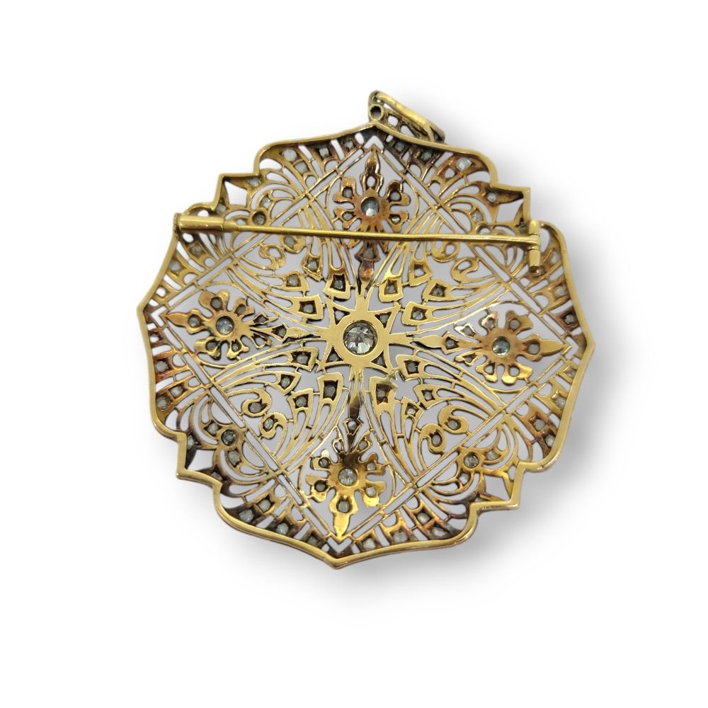 Art Deco Diamond Set Circular Pendant with intricate pierced design set with sparkling diamonds