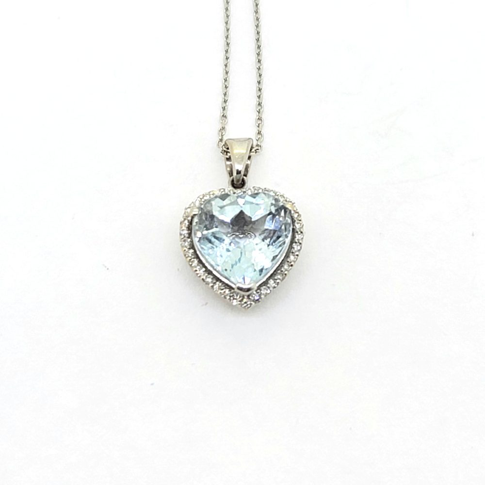 3ct Aquamarine and Diamond Heart Cluster Pendant, Pretty heart-shaped aquamarine in a diamond surround in 14ct white gold on a fine white gold chain