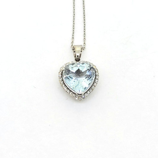 3ct Aquamarine and Diamond Heart Cluster Pendant, Pretty heart-shaped aquamarine in a diamond surround in 14ct white gold on a fine white gold chain