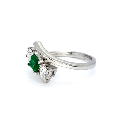 Emerald and Diamond Crossover Three Stone Ring in 18ct White Gold