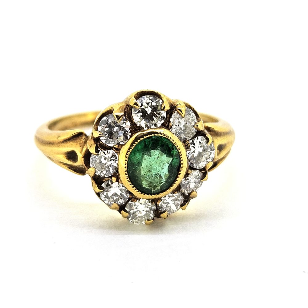 Antique Style Emerald and Diamond Flower Cluster Ring in Yellow Gold