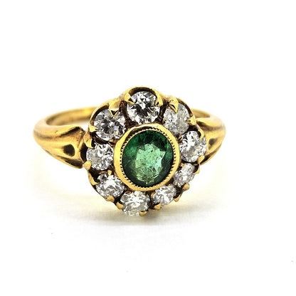 Antique Style Emerald and Diamond Flower Cluster Ring in Yellow Gold