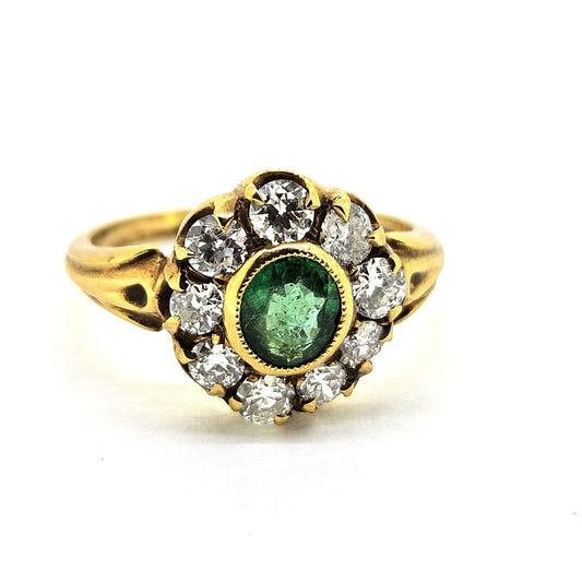 Antique Style Emerald and Diamond Flower Cluster Ring in Yellow Gold