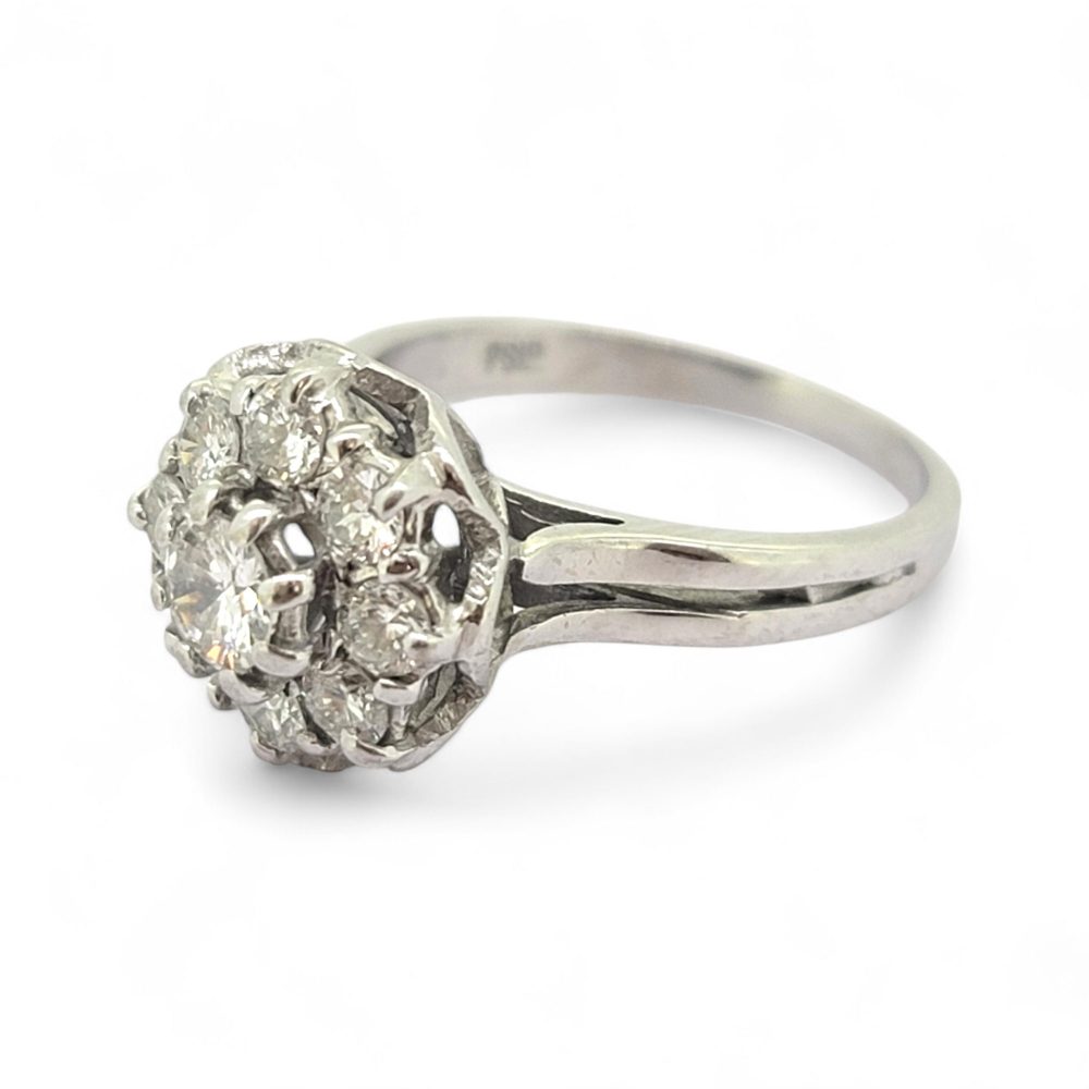 Vintage 1ct Diamond Cluster Engagement Ring in 18ct White Gold, Circa 1975