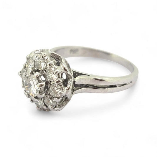 Vintage 1ct Diamond Cluster Engagement Ring in 18ct White Gold, Circa 1975