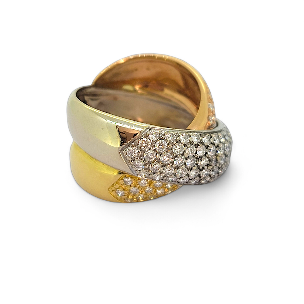 2ct Diamond Set Tricolour Gold Crossover Ring, wide band crossover ring crafted in 18ct white, yellow and rose gold set with 2 carats of round brilliant-cut diamonds