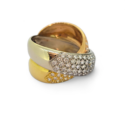 2ct Diamond Set Tricolour Gold Crossover Ring, wide band crossover ring crafted in 18ct white, yellow and rose gold set with 2 carats of round brilliant-cut diamonds