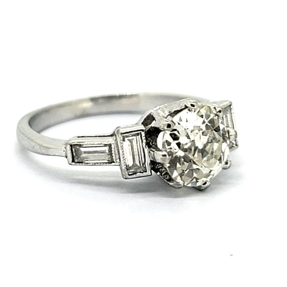 Art Deco 1.36ct Old Cut Diamond Solitaire Engagement Ring with Baguette Shoulders