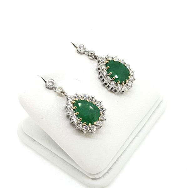 Emerald and Diamond Pear Shaped Cluster Drop Earrings