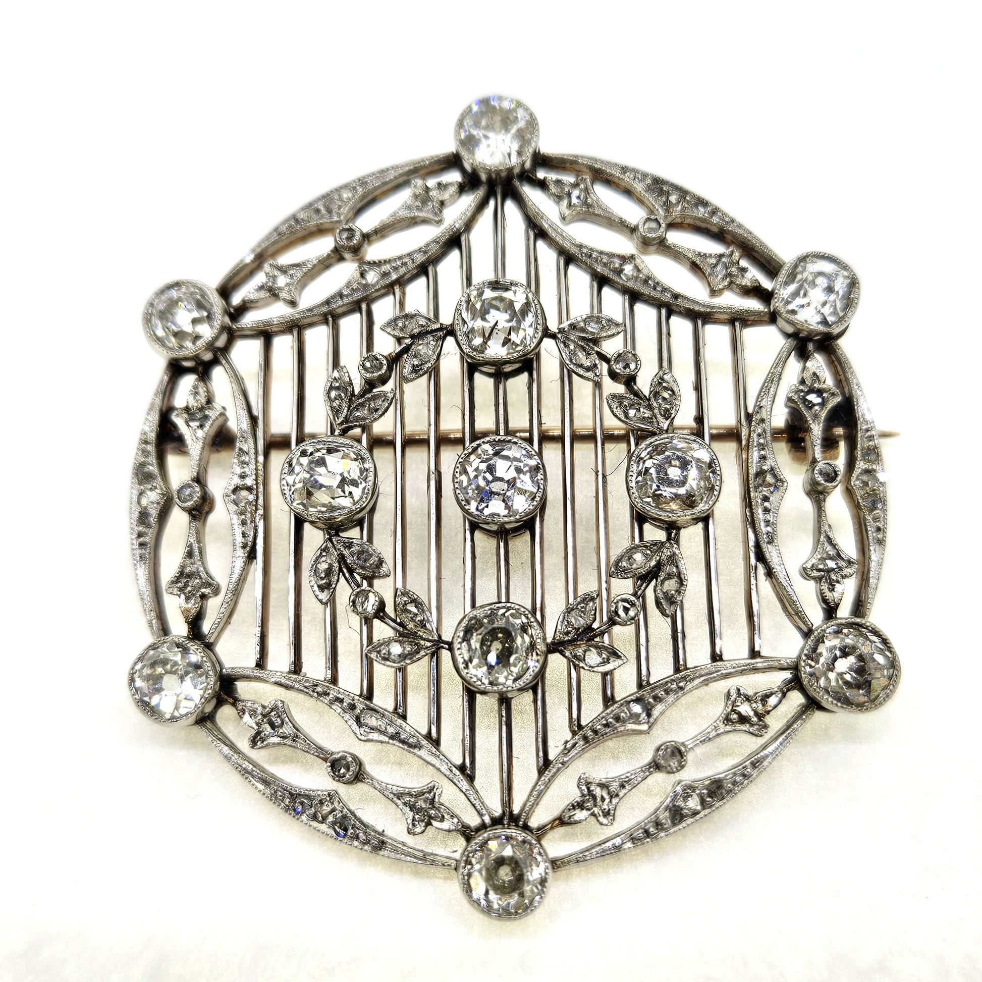 Antique Belle Epoque Diamond Circular Brooch in Platinum and Gold