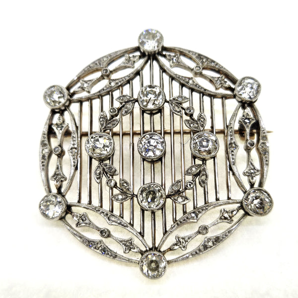 Antique Belle Epoque Diamond Circular Brooch in Platinum and Gold