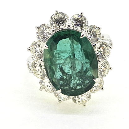 6.61ct Oval Emerald and Diamond Cluster Engagement Ring in 18ct Gold