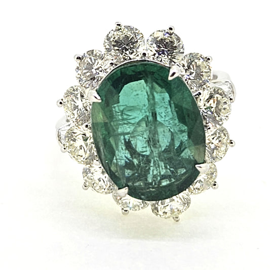 6.61ct Oval Emerald and Diamond Cluster Engagement Ring in 18ct Gold
