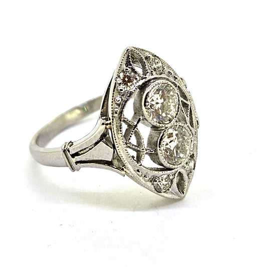 Art Deco Inspired Diamond Two Stone Navette Cluster Ring in Platinum