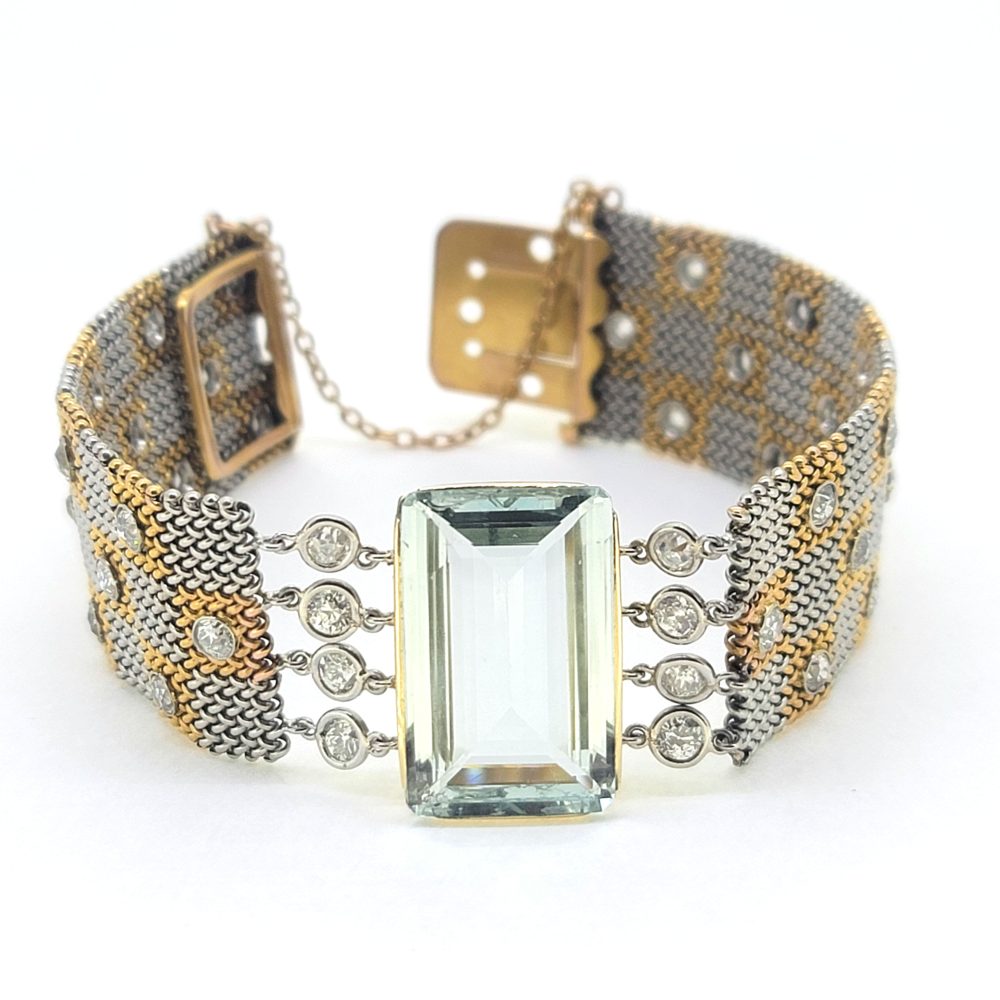 25ct Aquamarine and Diamond Set Bi Colour Gold Mesh Bracelet