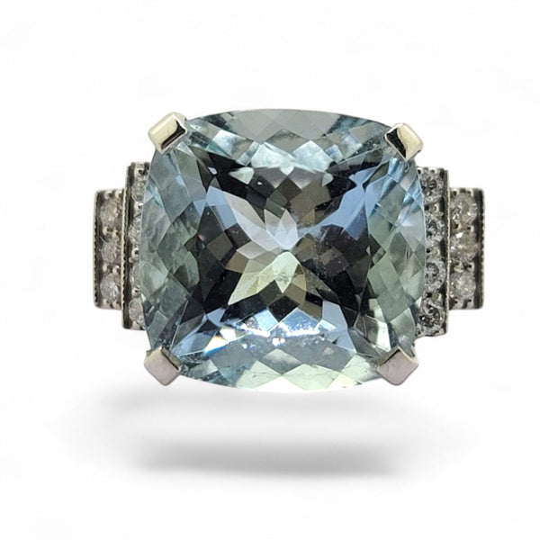 Cushion Cut Aquamarine and Diamond Ring in Platinum