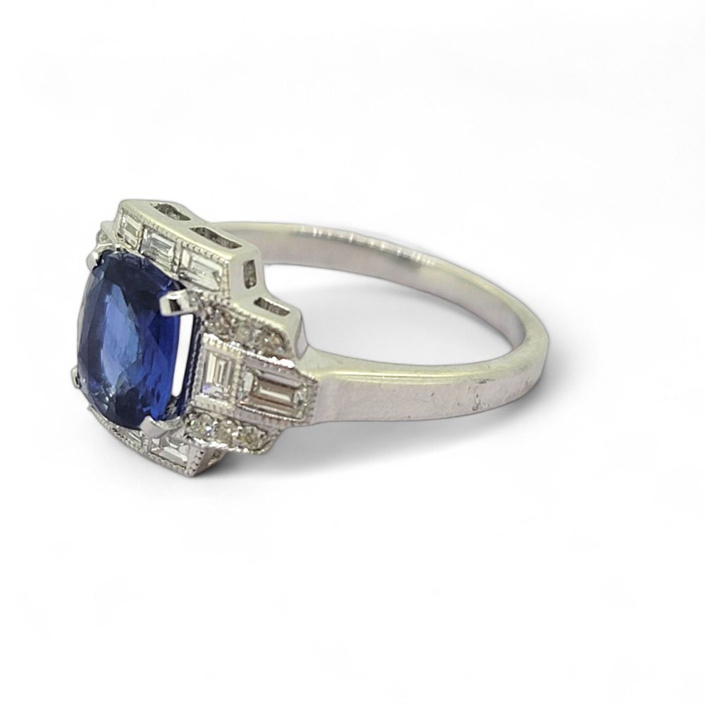 Art Deco Style 1.58ct Sapphire and Diamond Cluster Engagement Ring in 18ct White Gold