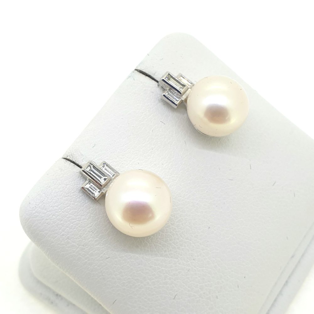 Freshwater Pearl and Baguette Diamond Earrings