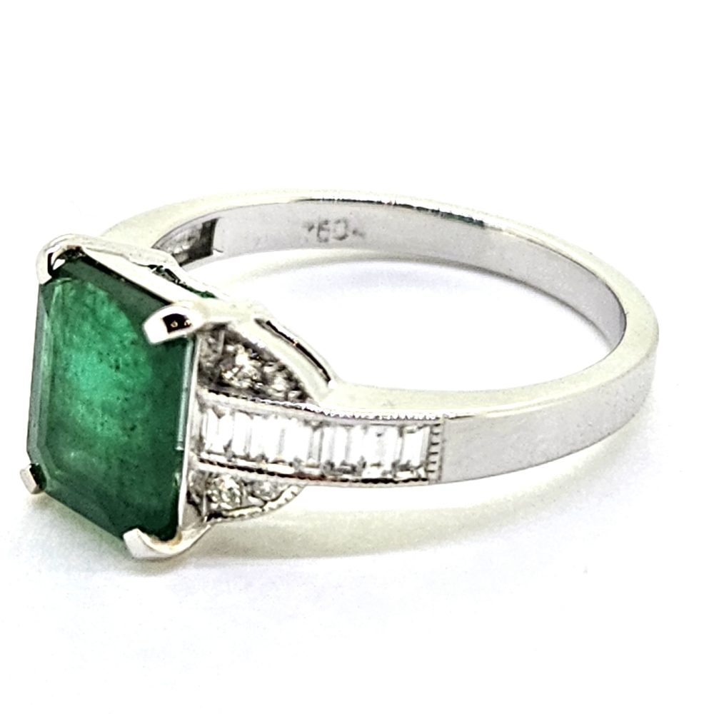 Emerald and Baguette Diamond Engagement Ring in 18ct White Gold