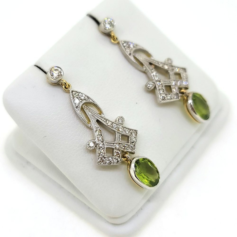 Decorative 3ct Peridot and Diamond Drop Earrings in 18ct Gold
