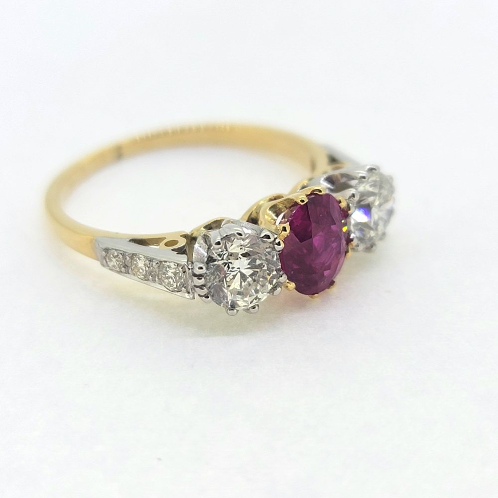 1.26ct Ruby and Diamond Three Stone Trilogy Engagement Ring in 18ct Yellow Gold