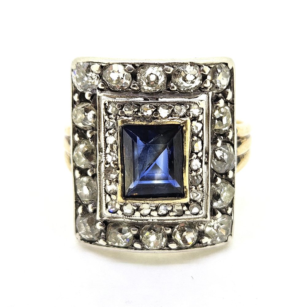 Vintage Sapphire and Diamond Cluster Plaque Ring