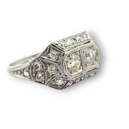 Art Deco Two Stone Cluster Diamond Ring in Platinum, two main diamonds set within a sparkling diamond frame in platinum