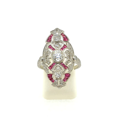 Diamond and Calibre Ruby Navette Cluster Plaque Ring in Platinum