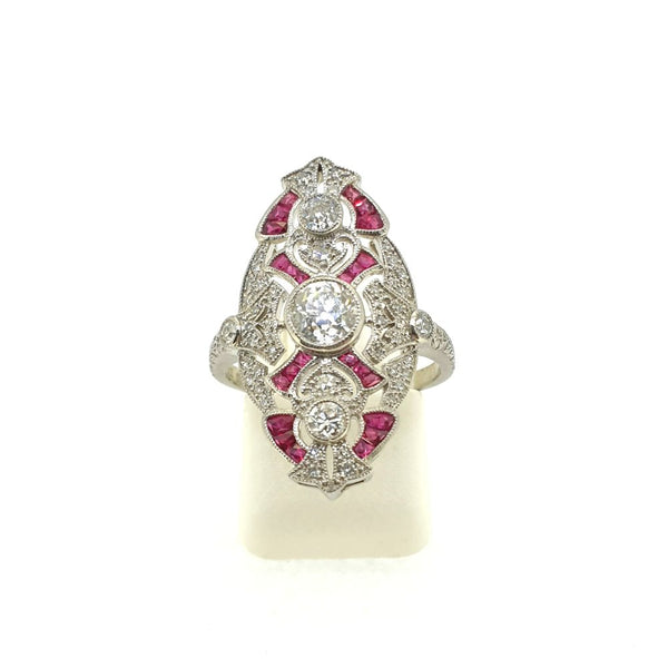Diamond and Calibre Ruby Navette Cluster Plaque Ring in Platinum