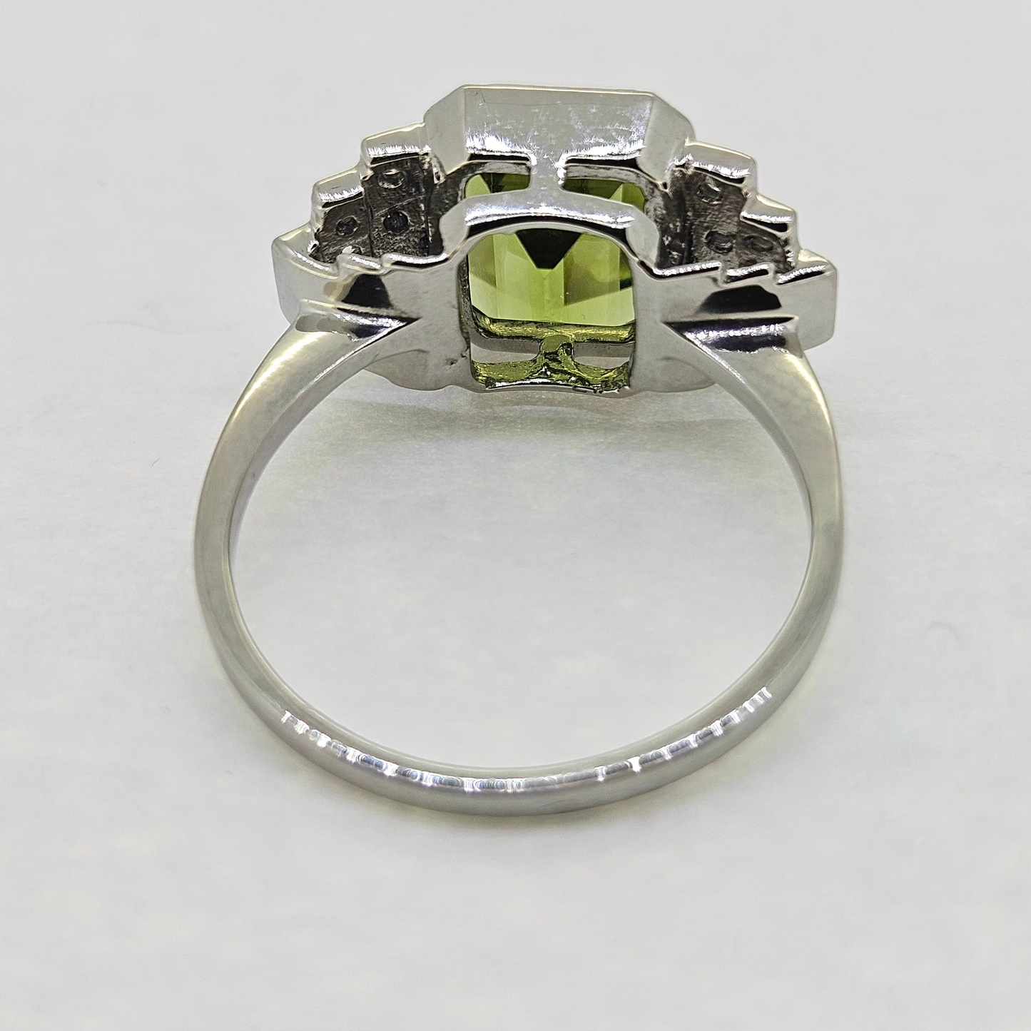 2.4ct Emerald Cut Peridot and Diamond Cluster Ring in Platinum