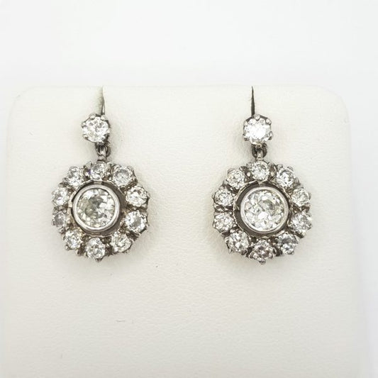 Vintage Old Cut Diamond Cluster Drop Earrings, 2.50 carat total