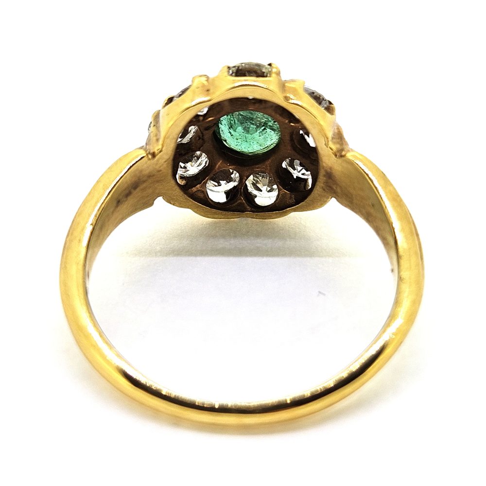 Antique Style Emerald and Diamond Flower Cluster Ring in Yellow Gold