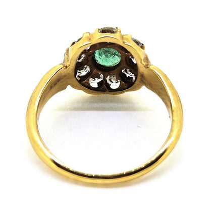 Antique Style Emerald and Diamond Flower Cluster Ring in Yellow Gold