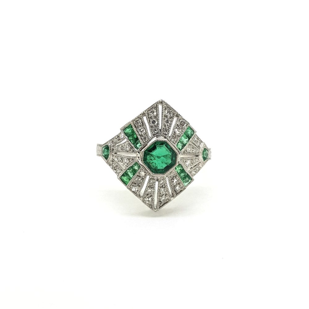 Art Deco Style Emerald Diamond Platinum Dress Ring